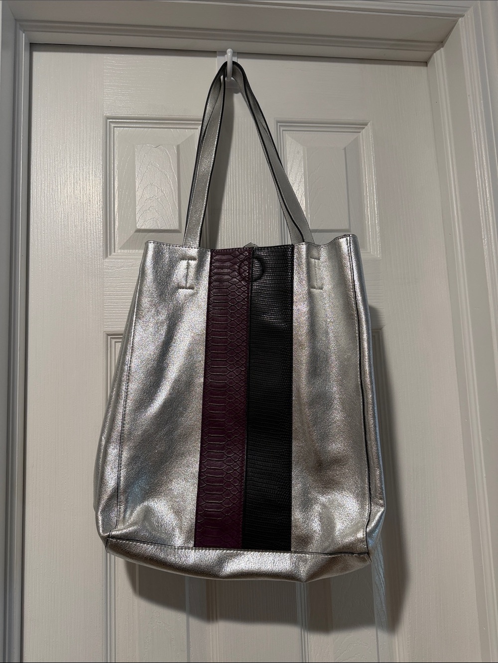 Metallic Silver Tote with Black and Burgundy Stripe
